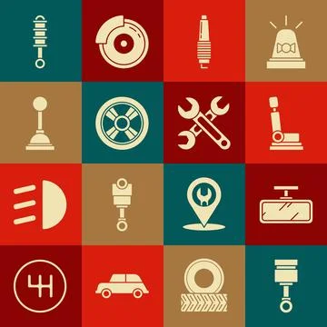 Set Engine piston Car mirror seat spark plug wheel Gear shifter Shock absorbe Stock Illustration