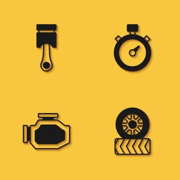 Set Engine piston, Car tire wheel, Check engine and Stopwatch icon with long  Stock Illustration