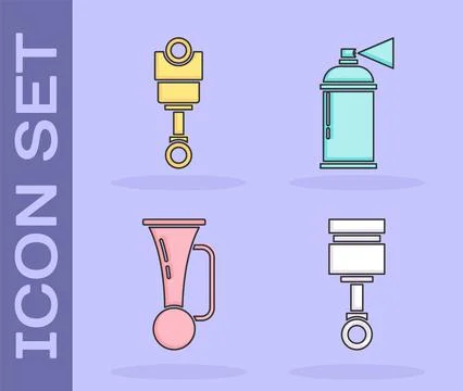 Set Engine piston, Engine piston, Signal horn on vehicle and Paint spray ca.. Stock Illustration