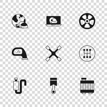 Set Engine piston, Gear shifter, Car radiator cooling system, Wheel wrench,.. Stock Illustration