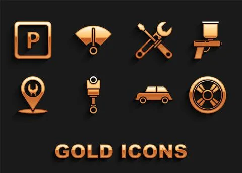 Set Engine piston Paint spray gun Car wheel service Screwdriver and wrench to Stock Illustration