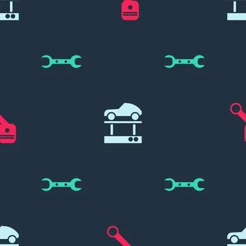 Set Engine piston, Repair car a lift and Wrench spanner on seamless pattern Stock Illustration