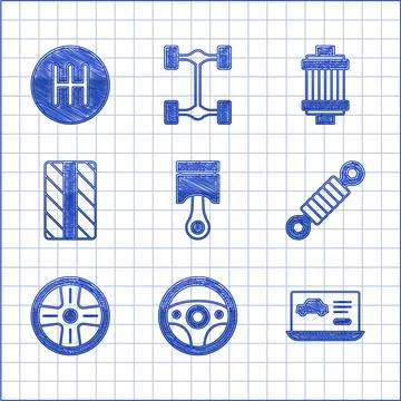Set Engine piston, Steering wheel, Diagnostics condition of car, Shock abso.. Stock Illustration