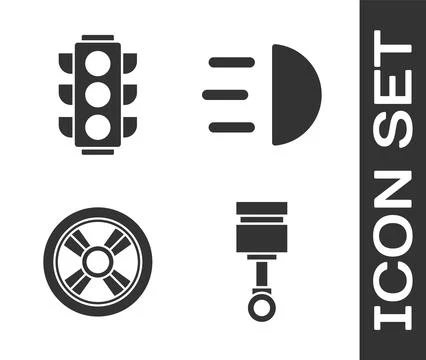 Set Engine piston, Traffic light, Car wheel and High beam icon. Vector Stock Illustration