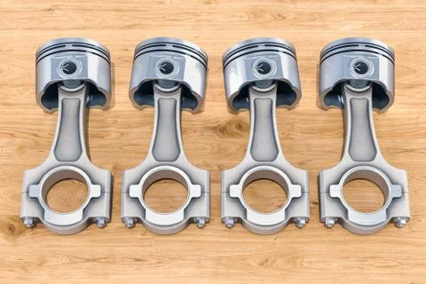 Set of engine pistons on the wooden table, 3D rendering Stock Illustration
