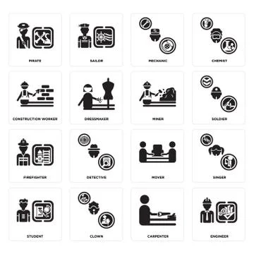 Set of Engineer, carpenter, Student, mover, Firefighter, Miner, Construction  Free Stock Illustration
