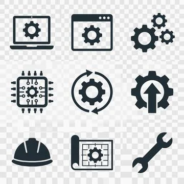 Set of engineering and technology icons including laptop, browser window, g.. Stock Illustration
