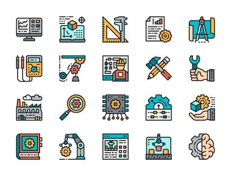 Set of Engineering Flat Color Icons. Workplace, Tools, Engineer, Chip and more. 스톡 일러스트