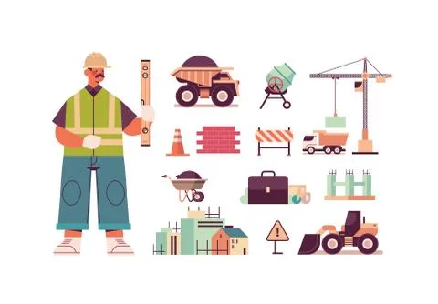 Set engineering tools icons and engineer in uniform holding level construction Stock Illustration