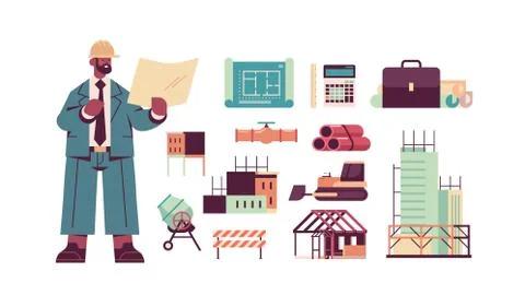 Set engineering tools icons and architect in helmet holding blueprints 库存插图
