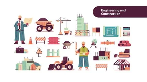 Set engineering tools icons with mix race architect and engineer in helmets 库存插图