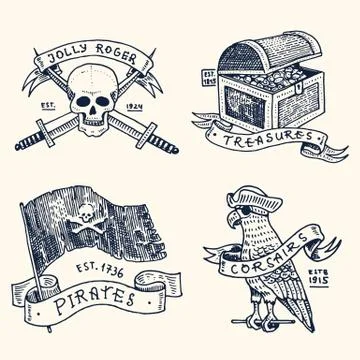 Set of engraved, hand drawn, old, labels or badges for corsairs, skull with Illustrazione stock