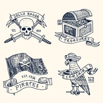 Set of engraved, hand drawn, old, labels or badges for corsairs, skull at anchor Stock Illustration