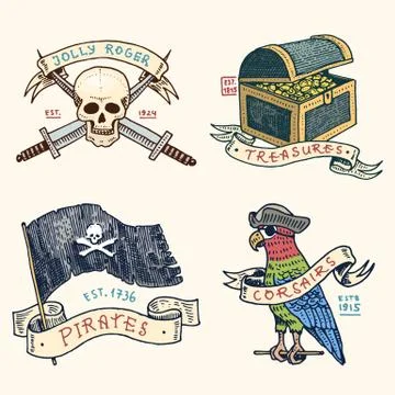 Set of engraved, hand drawn, old, labels or badges for corsairs, skull at anchor Stock Illustration