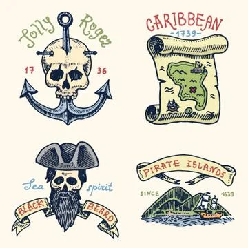 Set of engraved, hand drawn, old, labels or badges for corsairs, skull at anchor Stock Illustration