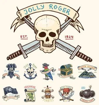 Set of engraved, hand drawn, old, labels or badges for corsairs, skull at anchor Stock Illustration