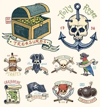 Set of engraved, hand drawn, old, labels or badges for corsairs, skull at anchor Stock Illustration