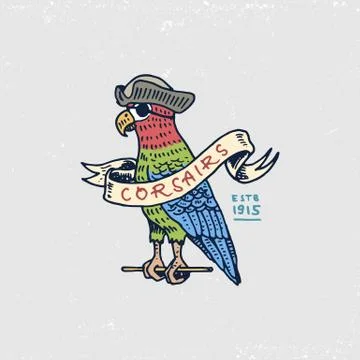 Set of engraved, hand drawn, old, labels or badges for corsairs, Caribbean Stock Illustration