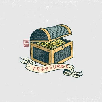 Set of engraved, hand drawn, old, labels or badges for corsairs, treasures Stock Illustration