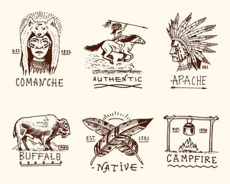Set of engraved vintage, hand drawn, old, labels or badges for indian or native Stock Illustration