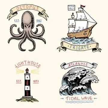 Set of engraved vintage, hand drawn, old, labels or badges for atlantic tidal Stock Illustration