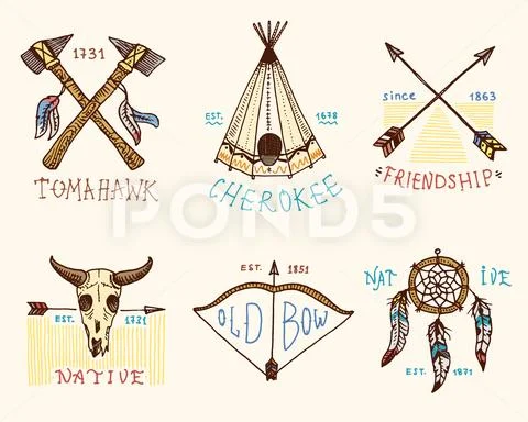 Set of engraved vintage, hand drawn, old, labels or badges for indian or native Stock Illustration