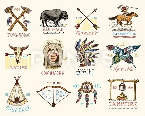 Set of engraved vintage, hand drawn, old, labels or badges for indian or native Stock Illustration