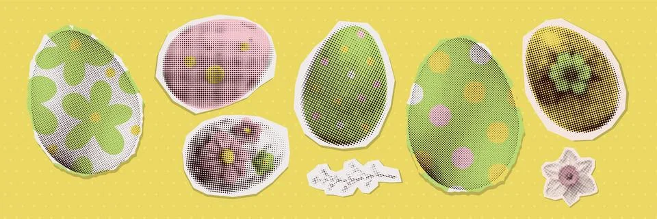 Set of engraving eggs. Easter symbols. Paper stickers of chicken egg in halftone Stock-Illustration