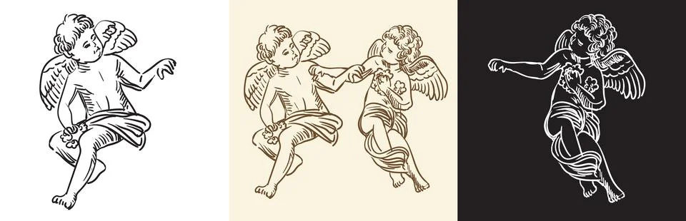 Set of engraving two angels isolated vector illustration Stock Illustration