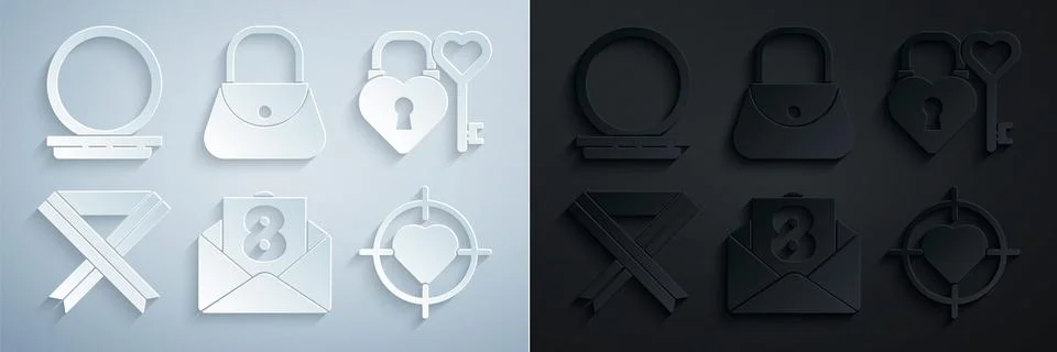 Set Envelope with 8 March, Castle and key in heart shape, Breast cancer Stock Illustration