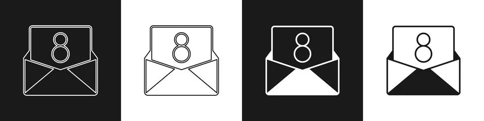 Set Envelope with 8 March icon isolated on black and white background. Mess.. Stock Illustration