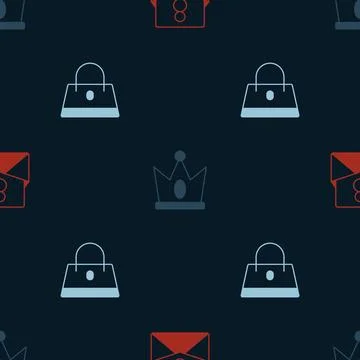Set Envelope with 8 March, King crown and Handbag on seamless pattern. Vector Stock Illustration