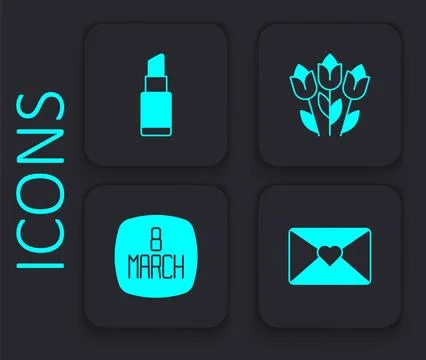 Set Envelope with 8 March, Lipstick, Flower tulip and  icon. Black square b.. Ilustração Stock