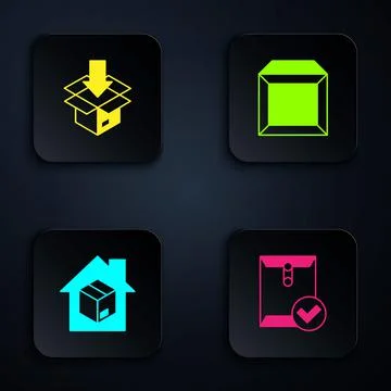 Set Envelope and check mark, Carton cardboard box, Home delivery services and Stockillustratie