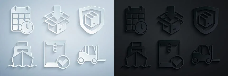 Set Envelope and check mark, Delivery security with shield, Cargo ship boxes 스톡 일러스트