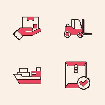 Set Envelope and check mark, Delivery hand with box, Forklift truck and Cargo Stock-Illustration