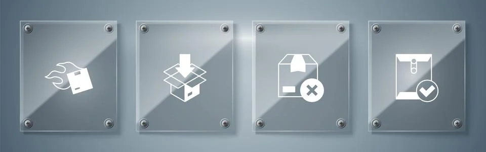 Set Envelope and check mark, Carton cardboard box,  and . Square glass panels Stock Illustration