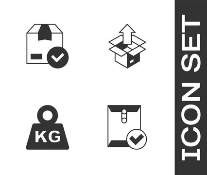 Set Envelope and check mark, ackage box with, Weight and Unboxing icon. Vector Stock Illustration