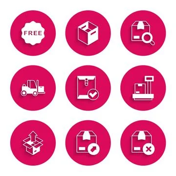 Set Envelope and check mark, Carton cardboard box, Scale with, Unboxing 스톡 일러스트