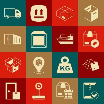 Set Envelope and check mark, Carton cardboard box, Container, Delivery cargo Stock Illustration