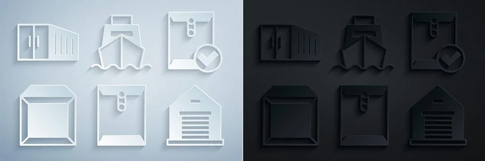 Set Envelope, and check mark, Carton cardboard box, Warehouse, Cargo ship w.. Ilustración de archivo