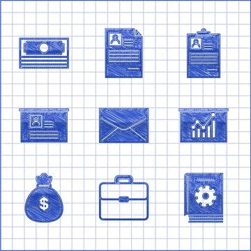 Set Envelope, Briefcase, User manual, Board with graph chart, Money bag, resume Illustrazione stock