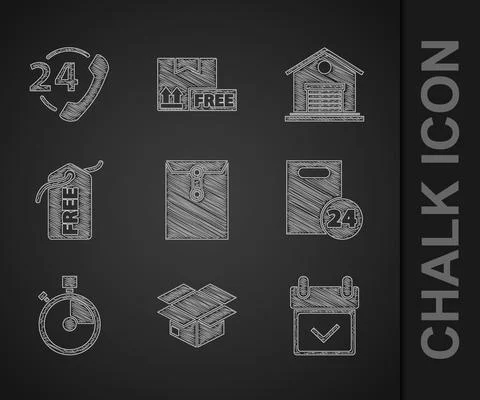 Set Envelope, Carton cardboard box, Calendar with check mark, Delivery boxes Ilustración de archivo