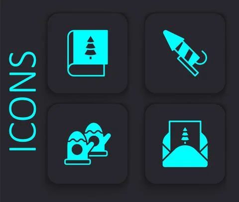 Set Envelope, Christmas book, Firework rocket and mittens icon. Black square Stock Illustration