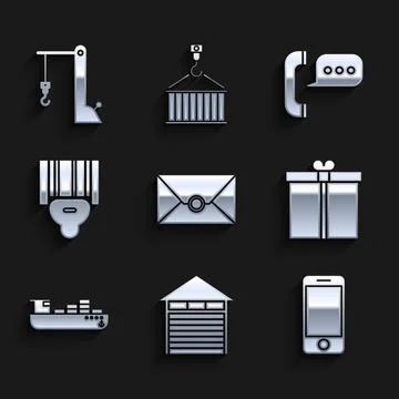 Set Envelope, Closed warehouse, Mobile phone with app delivery tracking, Gift Stock-Illustration