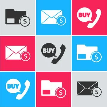 Set Envelope with coin dollar, Envelope with coin dollar and Phone and speech Stock Illustration