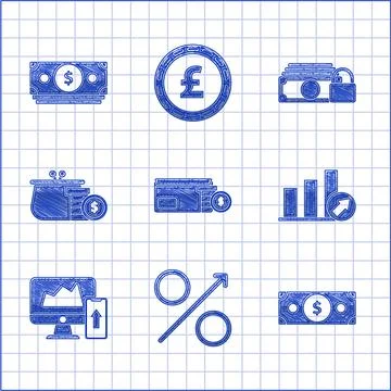 Set Envelope with coin dollar symbol, schedule, chart, diagram, infographic, pie Illustrazione stock