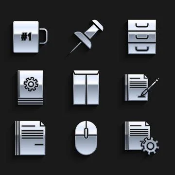 Set Envelope, Computer mouse, Document settings with gears, Blank notebook and Stock Illustration