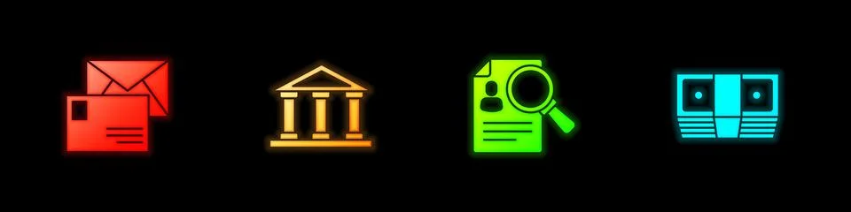 Set Envelope, Courthouse building, Paper analysis magnifying and Bribe money Stockillustratie
