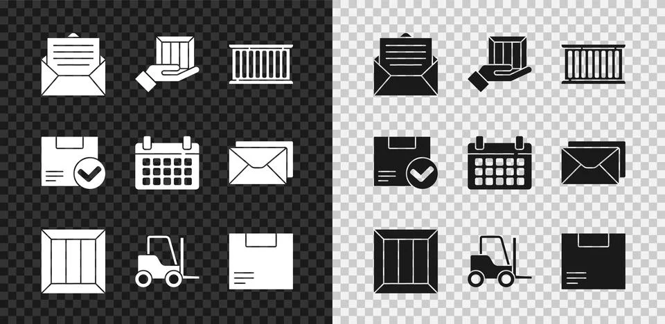 Set Envelope, Delivery hand with boxes, Container, Wooden, Forklift truck Stock Illustration